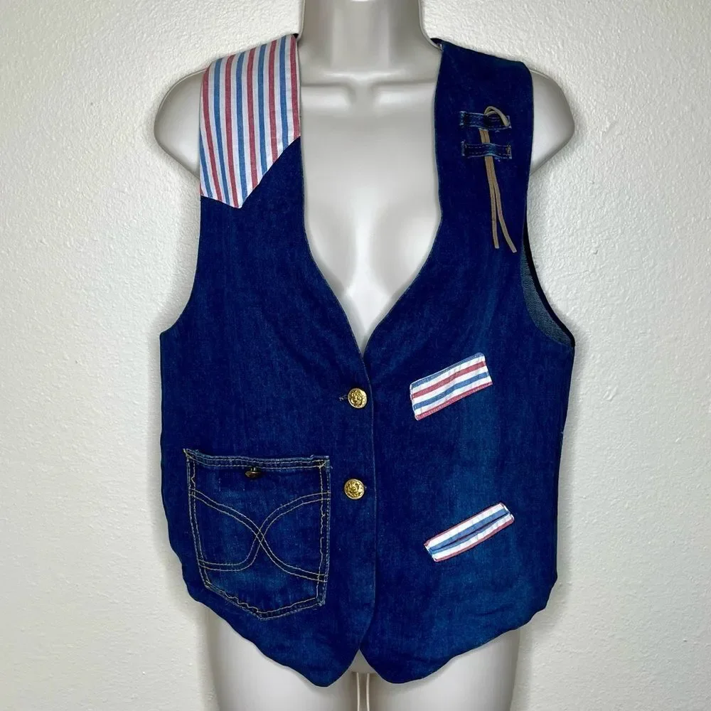 Vintage Handmade Blue Denim Western Two Button Vest Stripe Contrast Women Medium